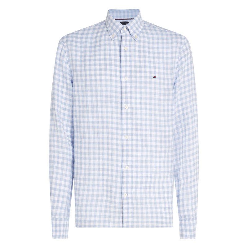 Tommy Hilfiger - Chemise En Lin Ciel Vichy à Coupe Droite, Col Américain Et Manches Longues - Ciel
