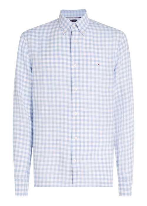 Chemise en lin ciel vichy à coupe droite, col américain et manches longues