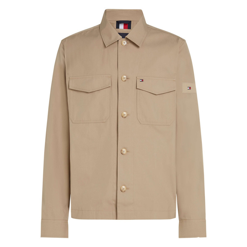 Tommy Hilfiger - Surchemise En Coton Mélangé Beige Unie Droite à Col à Revers Et Poches - Beige