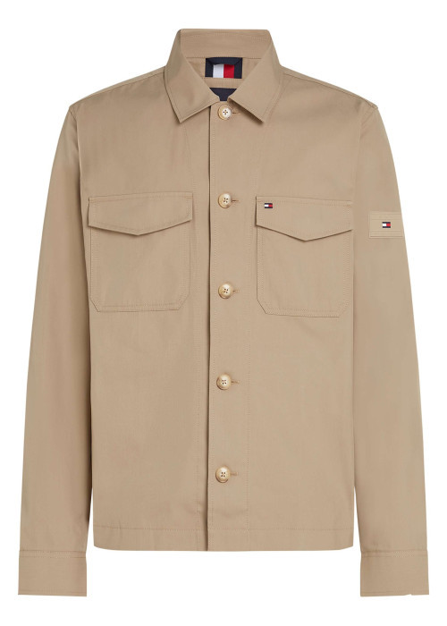 Surchemise en coton mélangé beige unie droite à col à revers et poches