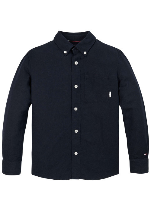 Chemise marine unie à coupe droite, col américain et à manches longues