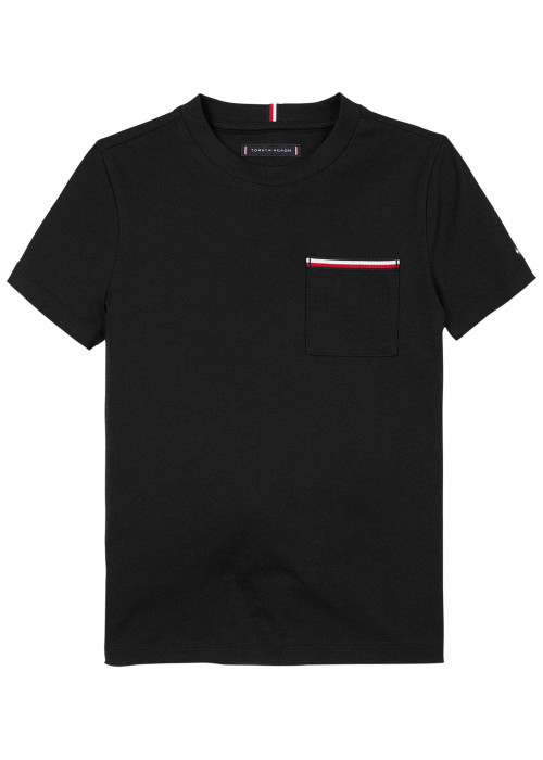 T-shirt en coton régénératif noir uni à coupe droite, col rond et logo