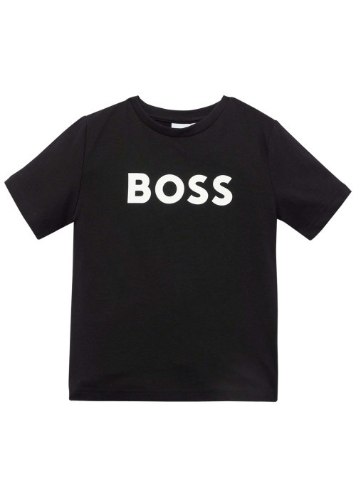 T-shirt manches courtes noir en coton à coupe droite avec logo blanc et col rond