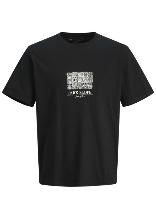 T-shirt en coton noir uni avec un building et une coupe droite à col rond