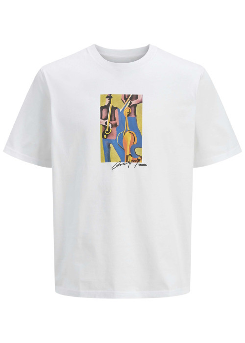 T-shirt en coton blanc uni avec des musiciens et une coupe droite à col rond