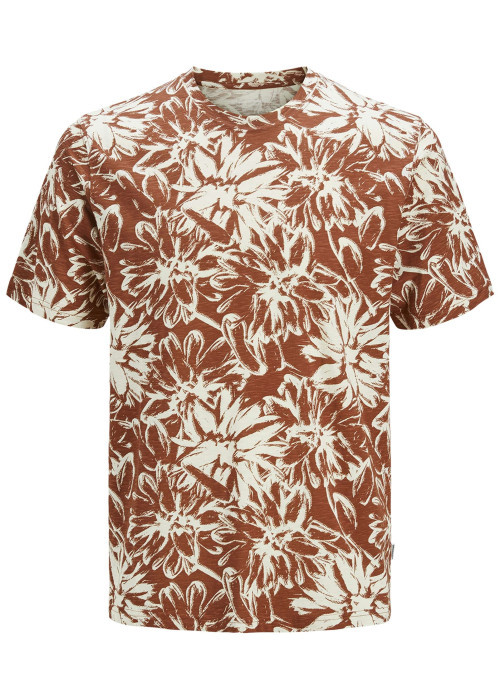 T-shirt en coton rouille imprimé à motif floral avec coupe droite et col rond