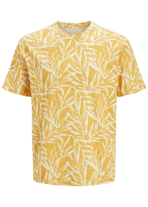 T-shirt jaune imprimé à motif floral en coton avec col rond et coupe droite