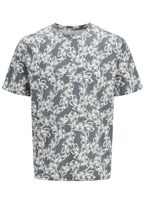 T-shirt manches courtes en coton bleu imprimé à motif floral avec un col rond