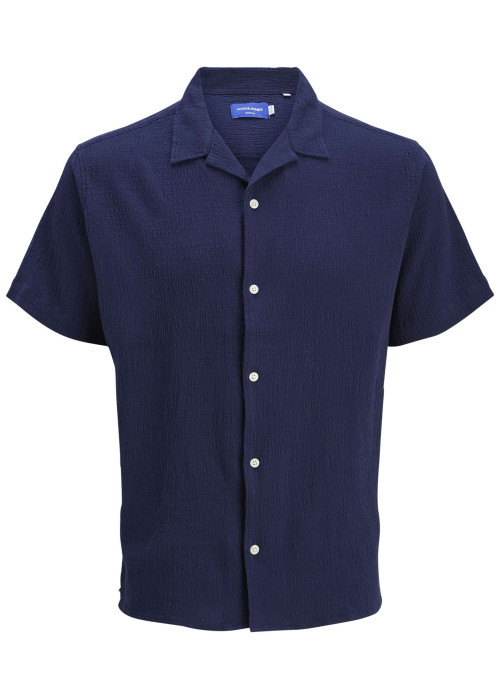 Chemise manches courtes marine unie en coton avec col resort et coupe droite
