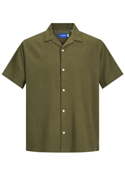 Chemise en coton baki unie à coupe droite avec col resort et manches courtes