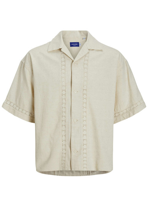 Chemise manches courtes écrue unie à coupe ample avec col cubain