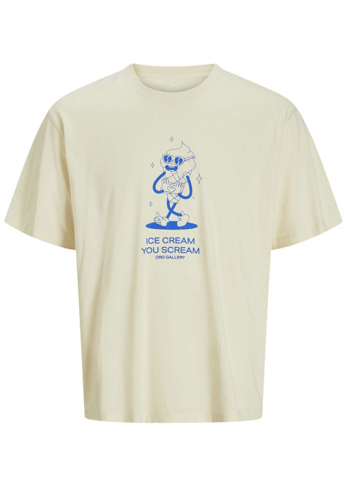 T-shirt manches courtes en coton écru imprimé à coupe loose avec col rond