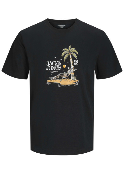 T-shirt manches courtes en coton noir imprimé plage à col rond et coupe regular