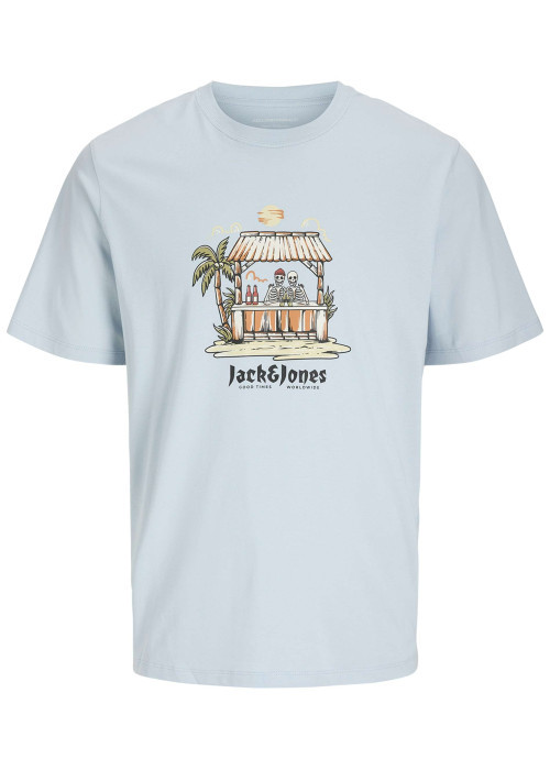 T-shirt bleu ciel imprimé plage en coton avec coupe regular et un col rond