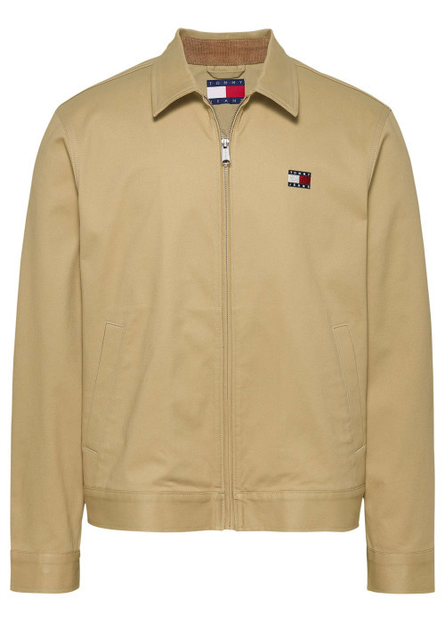 Blouson en coton biologique beige uni à coupe droite, col à revers et zippé