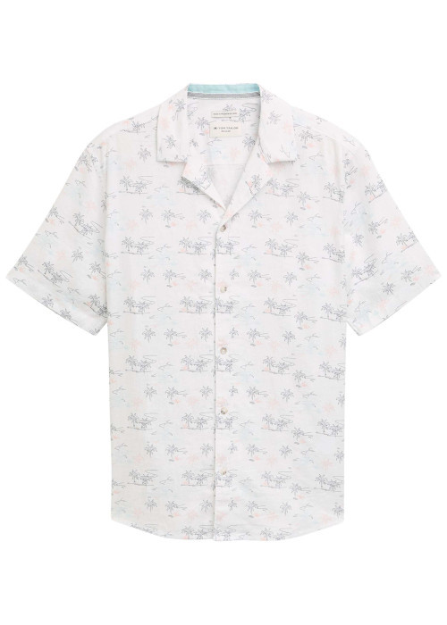 Chemise manches courtes blanche avec motif palmiers à coupe droite et col cubain
