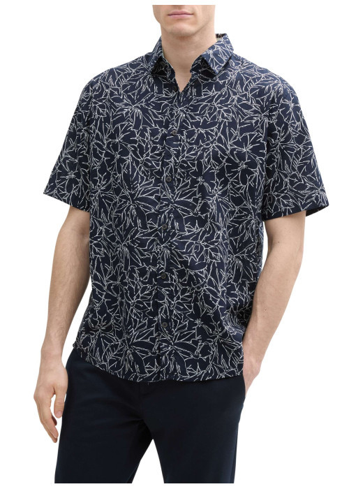 Chemise marine à motif floral blanc avec coupe regular et à manches courtes