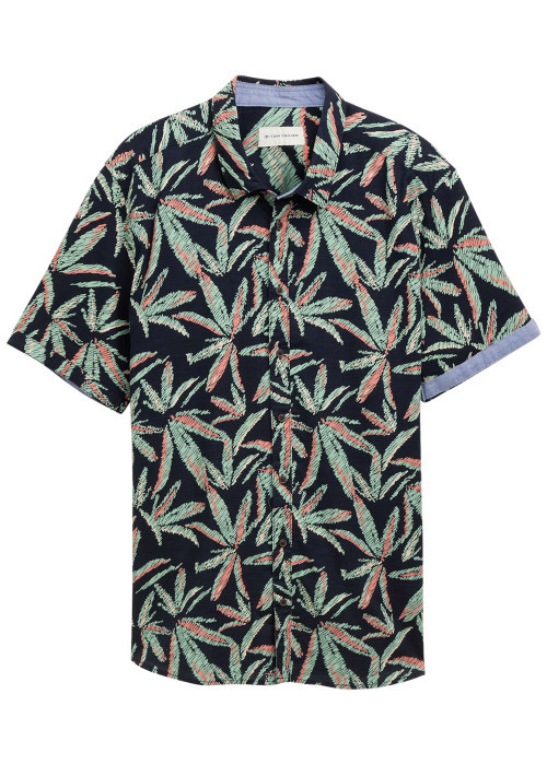 Chemise en coton marine et verte à motif floral, coupe droite et col à revers