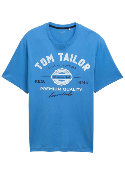T-shirt manches courtes bleu imprimé blanc en coton à coupe droite et col rond