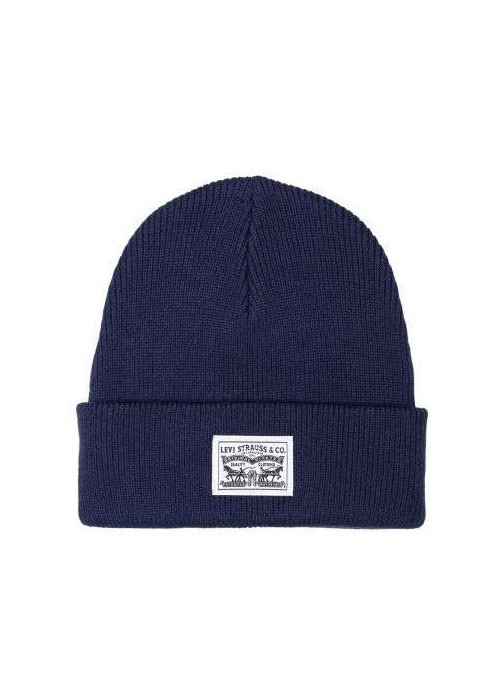 Bonnet en coton marine uni avec patch sur le revers au nom de la marque