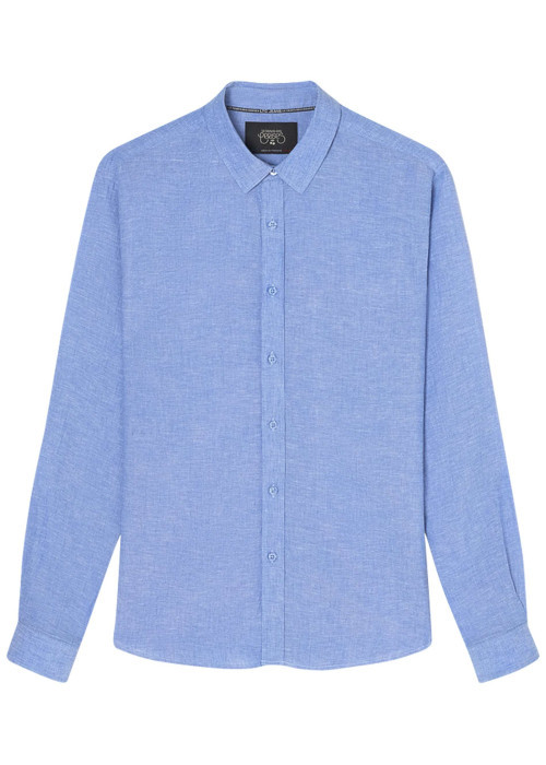 Chemise en lin bleue unie avec une coupe regular fit et des manches boutonnées