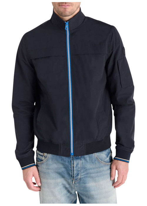 Blouson marine uni fermé par un zip à l'avant avec un col montant