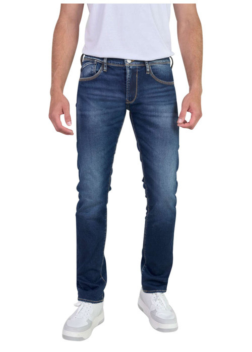 Jean en coton bleu indigo délavé aux genoux avec une coupe slim fit