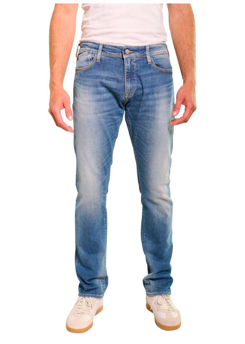 Jean en coton bleu stone délavé aux cuisses avec une coupe slim fit