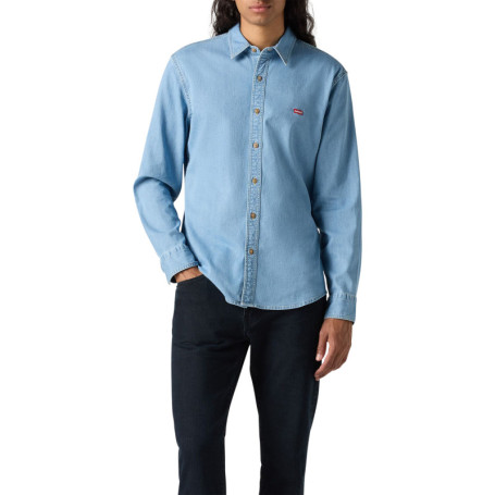 Chemise denim en coton mélangé bleue ciel unie...
