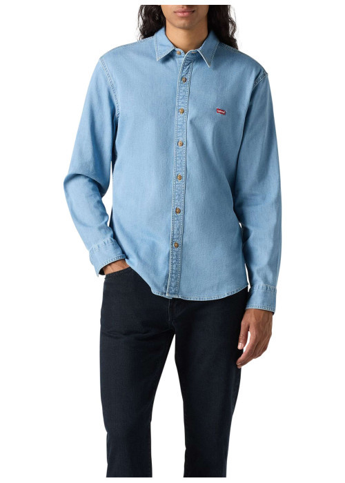 Chemise denim en coton mélangé bleue ciel unie avec une coupe slim et le logo