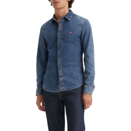 Chemise denim en coton mélangé bleue unie avec...