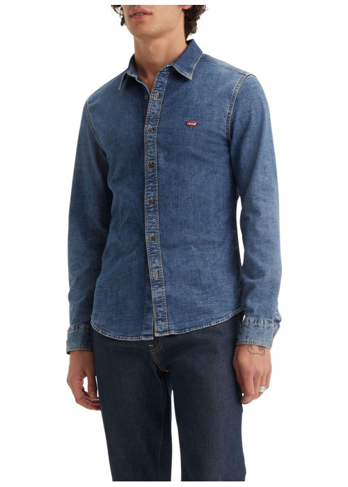 Chemise denim en coton mélangé bleue unie avec une coupe slim et le logo brodé