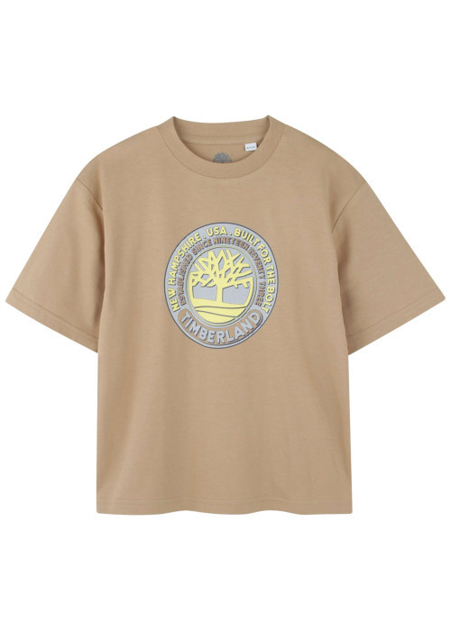 T-shirt en coton camel à imprimé logo, à coupe droite et col rond