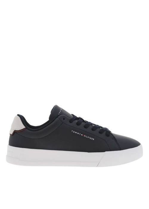 Tennis en cuir marine à talon plat et à lacets plats ton sur ton