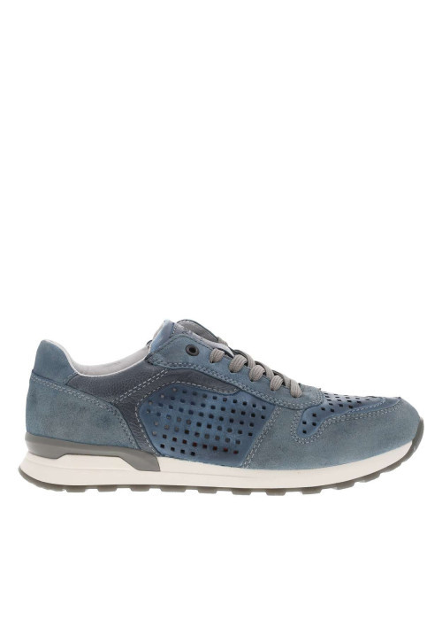 Sneakers en cuir bleu à talon plat et à lacets plats gris avec trous d'aération
