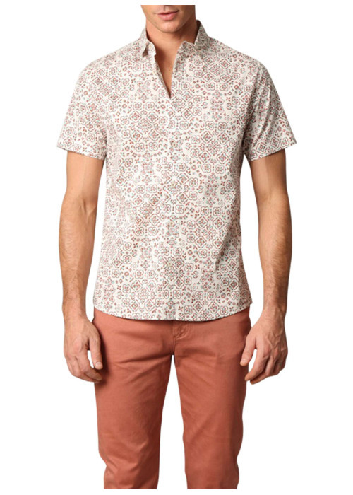 Chemise à manches courtes en coton blanche à motifs et à coupe regular fit