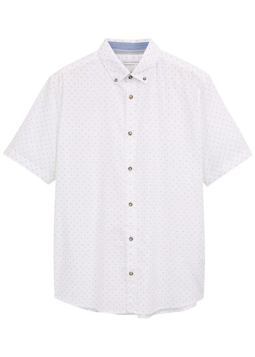 Chemise en coton et lin mélangé blanche avec des minis motifs et à col américain