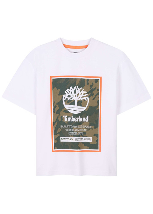 T-shirt en coton blanc à motif camouflage, coupe droite et col rond