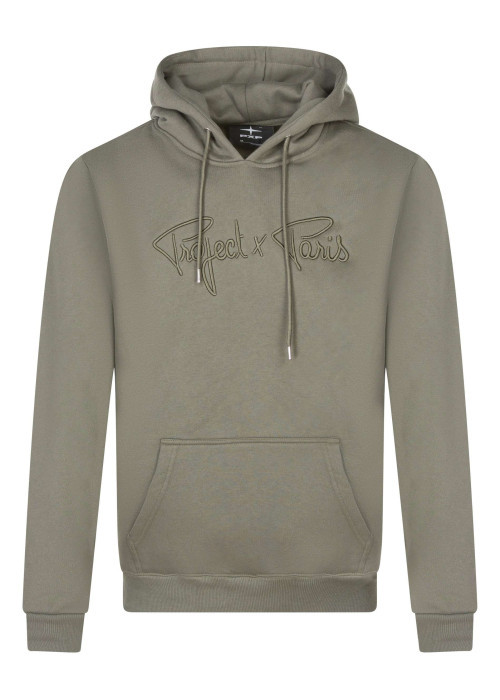 Sweat à capuche vert uni à coupe droite avec le nom de la marque brodé en relief