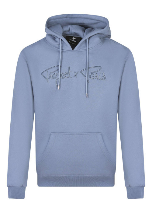 Sweat à capuche bleu uni à coupe droite avec le nom de la marque brodé en relief