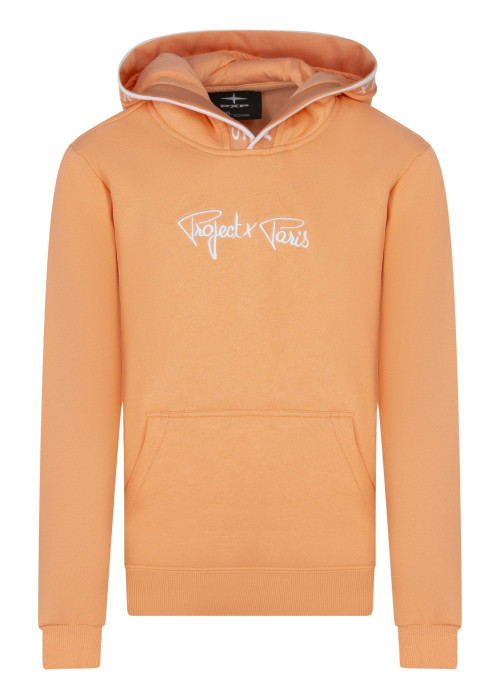 Sweat à capuche pêche uni à coupe droite avec le nom de la marque brodé