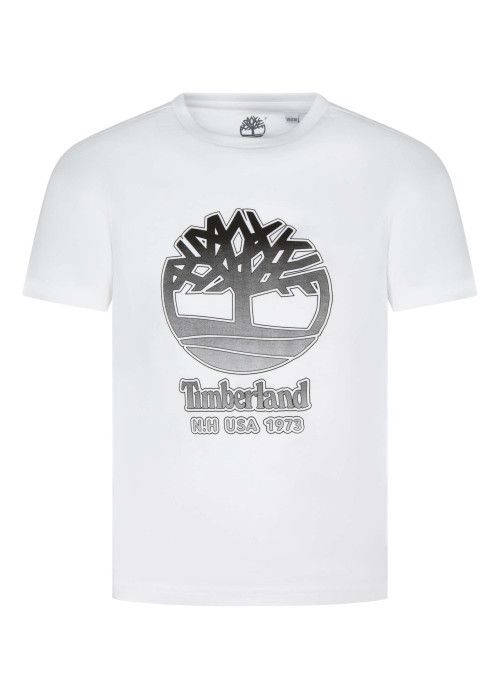 T-shirt manches courtes blanc en coton avec un col rond et logo imprimé en noir