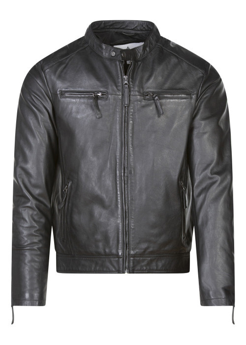 Blouson en cuir en cuir de mouton noir uni droit à col montant et poches
