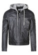 Thumbnail Blouson en cuir en cuir de mouton bleu uni droit avec parmenture à capuche