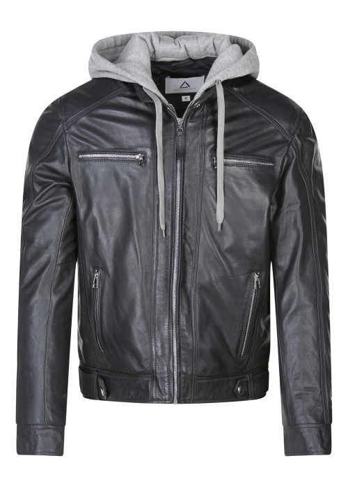 Blouson en cuir en cuir de mouton bleu uni droit avec parmenture à capuche