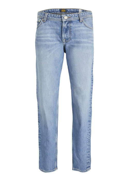 Jean en coton bleu ciel délavé à coupe droite avec 5 poches et surpiqûres beiges