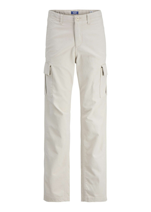 Pantalon cargo beige uni en coton à coupe droite avec 6 poches et logo blanc