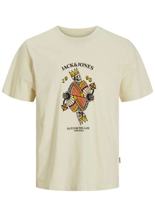 T-shirt manches courtes en coton écru imprimé avec coupe ample et col rond