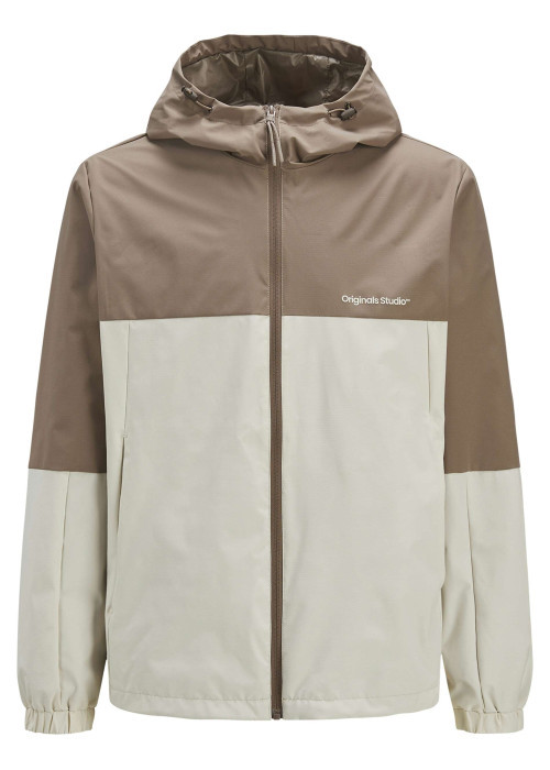 Blouson manches longues marron et beige à coupe droite avec col à capuche