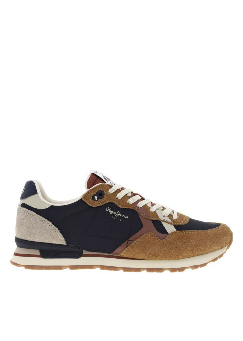 Baskets running en cuir cognac à talon plat avec logo beige et lacets plats